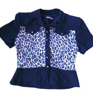 Vintage John Roberts Women's Short Sleeve Top Black/Leopard Print Size Small